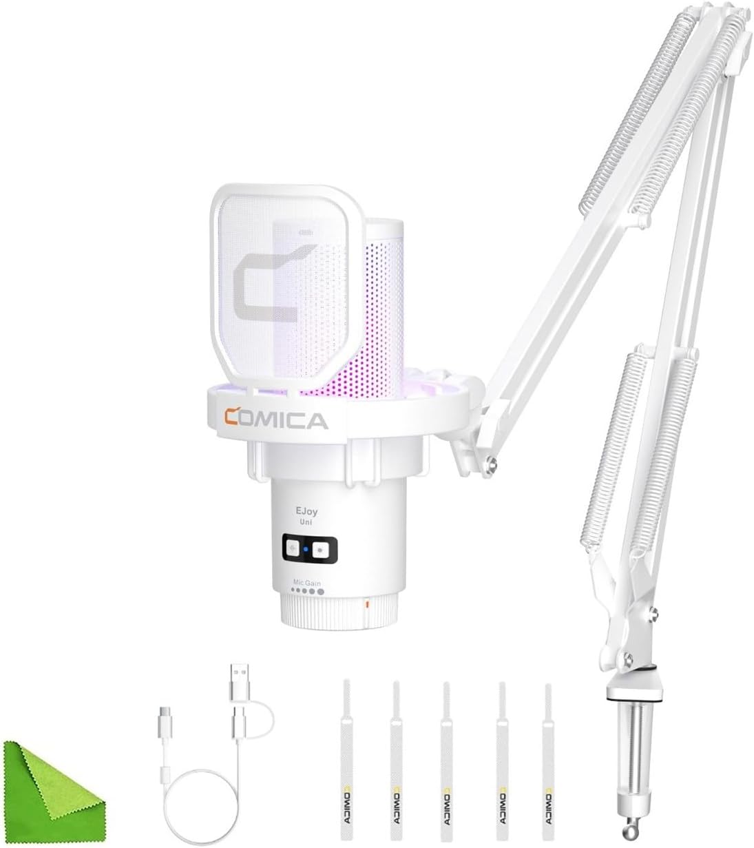 COMICA EJoy Uni A USB Microphone for Computer and Smartphone,RGB Cardioid Condenser Gaming Mic for Podcasting,Streaming,Recording,Music Creation,with Boom Arm Stand-White