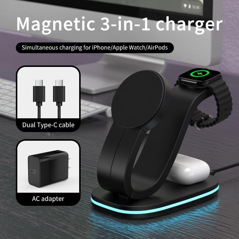 3 in 1 Wireless Charging Station for Qi2 Apple Multiple Devices, 30W USB C Adapter&Light, Fast Magnetic Charger Stand Compatible with iPhone 16 15 14 Pro Max, Apple Watch Series 10 9 & Airpods 4 3 Pro