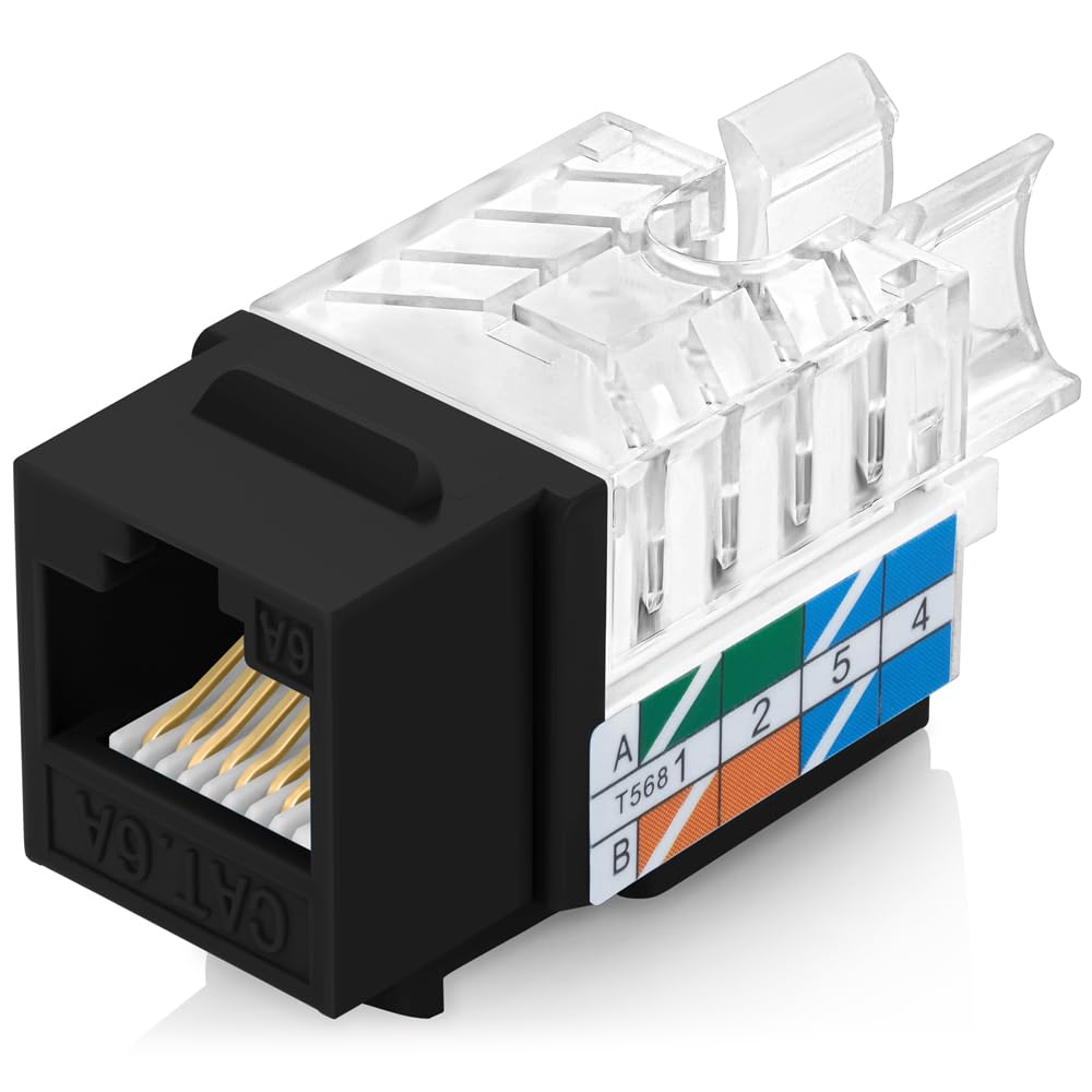 Everest 45° Angled RJ45 Cat6A Keystone Jacks 50-Pack in Black - Slim Profile Female RJ45 Connectors - Cat 6A Keystone Jack - Compatible with 45° Angled Speed Termination Tool - 45Term (B0BL3GS7ZY)