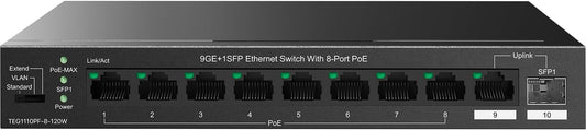 Tenda TEG1110PF Unmanaged PoE Switch with 8 Port PoE+@120W, 8 Port Gigabit PoE Compatible with IEEE 802.3af/at Devices, w/ 1 Uplink Gigabit Port & 1 SFP Slot, Limited Lifetime Protection