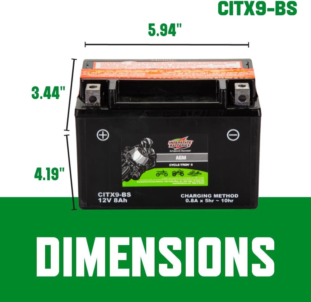 Interstate Batteries YTX9-BS 12V 8Ah Powersports Battery 130CCA AGM Rechargeable Replacement for BMW, Honda, Kawasaki Motorcycles, ATVs, Scooters (CITX9-BS)