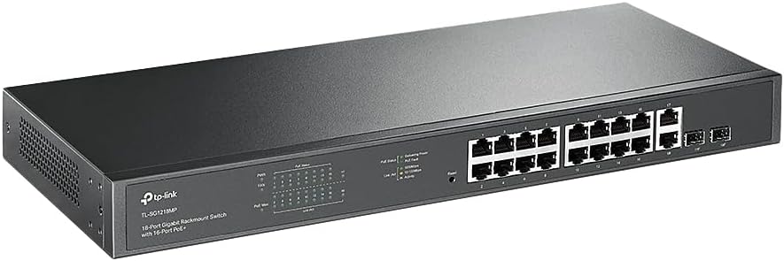 TP-Link TL-SG1218MP 16 Port Gigabit PoE Switch 16 PoE+ Ports @250W, w/ 2 Uplink Gigabit Ports + 2 Combo SFP Slots Plug & Play Sturdy Metal Rack-mountable