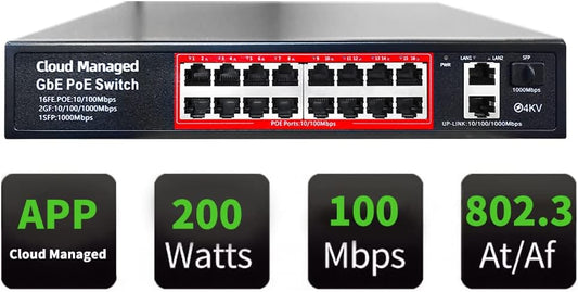 Poe Switch, 16 Port PoE+ Switch, Cloud Managed 10/100Mbps Ethernet Switch, 16 Poe Ports @200W, 2 Gigabit Uplink Ports, 1*SFP Slot, APP Smart Managed, Overload Protection w/ Port, Plug and Play