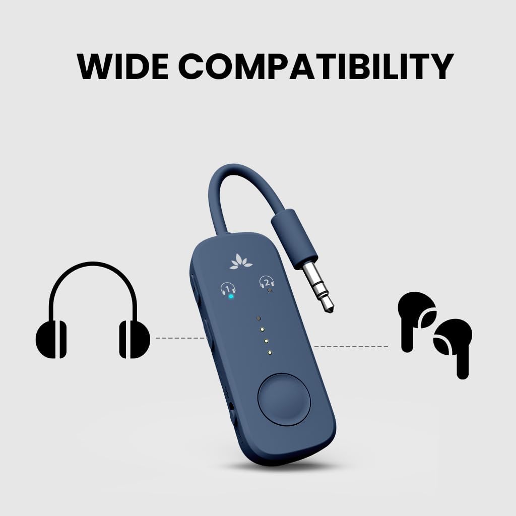 Avantree Relay - Airplane Bluetooth 5.3 Adapter with Qualcomm aptX Adaptive, Supports 2 AirPods or Headphones, 20Hr Playtime, 3.5mm AUX Wireless Audio Transmitter for Travel Flight, Airline, Gym
