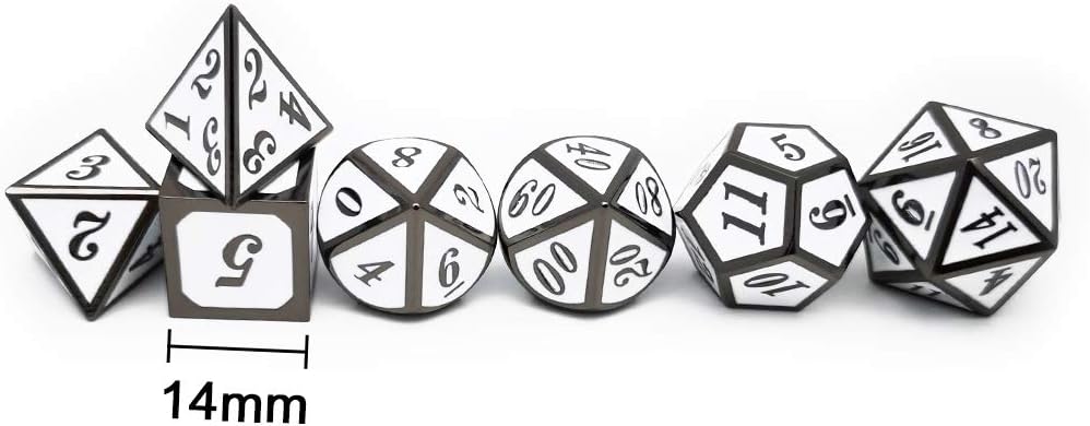 Haxtec 7 Die DND Metal Dice Set D&D 7PCS DND Dice of D20 D12 D10 D8 D6 D4 Compatible with Dungeons and Dragons RPG Games-Glossy Enamel Dice (Black White)