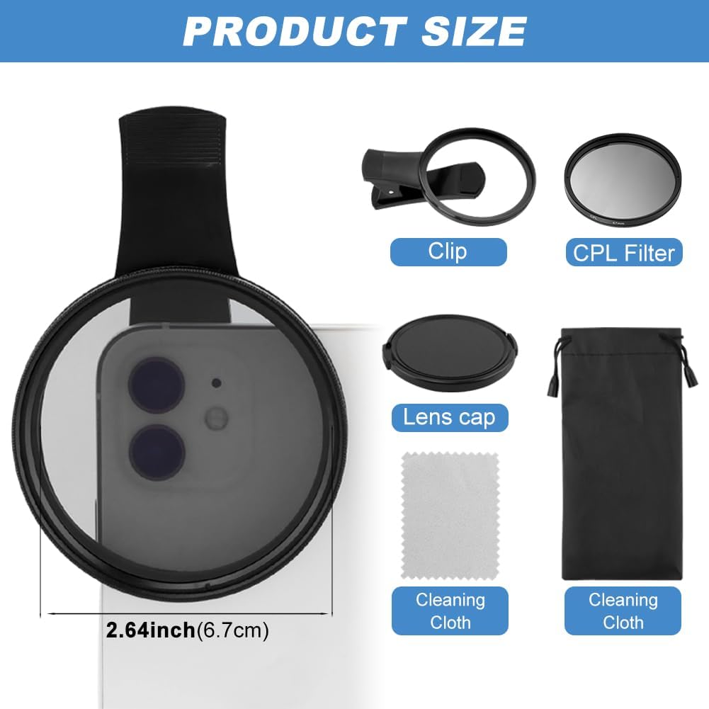 67MM Clip-on CPL Lens Filter for All Smartphones, Universal Phone Camera Clip Polarizing Lens, Portable Clip On Phone Filter Kit with Lens Cover and Storage Bag(Color:Black)