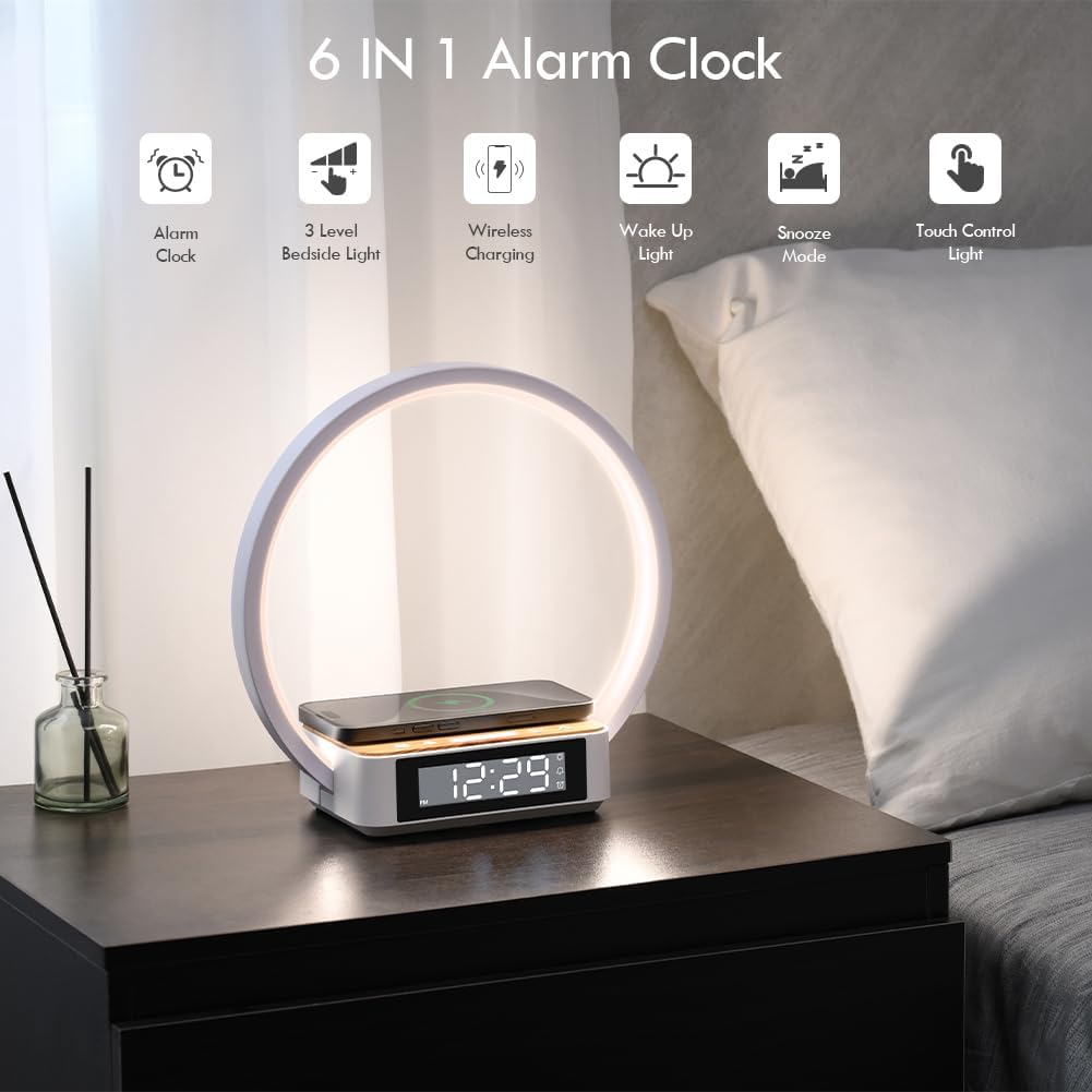 Alarm Clock,Table Lamp with Wireless Charging,Touch Bedside Lamp with 3 Brightness Levels,Snooze,Sunrize Wake-Up Light,Idea Gifts for Women,Men,Teens,Adults