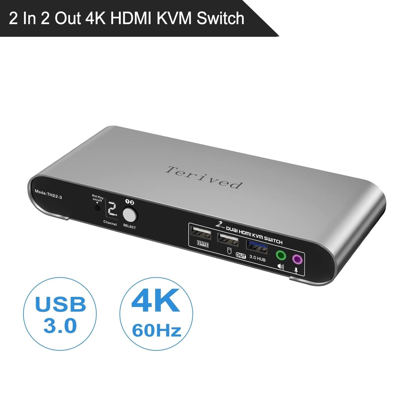 2 Computers 2 HDMI Monitors KVM Switch 4K@60Hz, Hotkey Switching, EDID, Audio and Microphone, Aluminum Alloy Shell,Digital Display, Dual Monitor USB 3.0 Hub, HDR10 with Cables
