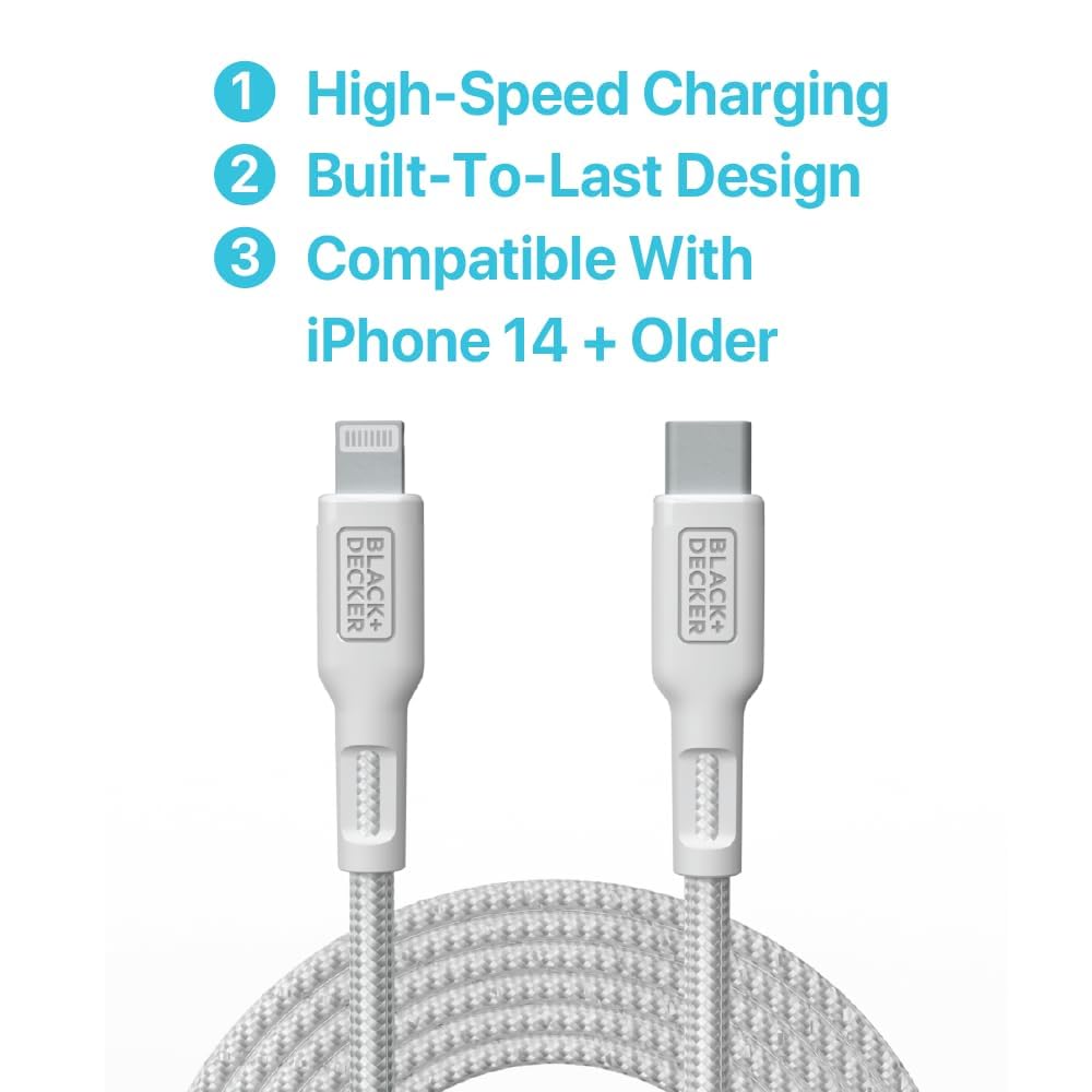 BLACK+DECKER USB C to Lightning Cable - Fast Compatible iPhone Lightning Cable - Durable Braided Type C iPhone Charger Cord - for Travel and Daily Use - Multiple Colors and Lengths - 9ft