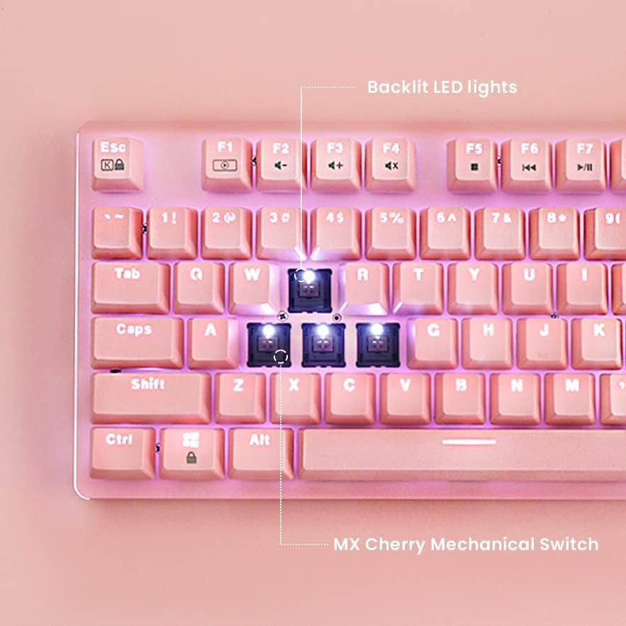 i-rocks K75M Illuminated Mechanical Keyboard, 104 Keys, with Cherry MX Switches, Backlit LED Light and Shortcut Keys - Programmable Light & Macro Recorder (Cherry MX Blue Switch, Pink)