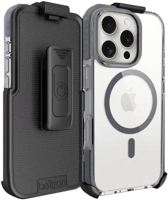 BELTRON Belt Case for iPhone 16 Pro, Slim Protective Transparent Case & Rotating Belt Clip Holster Combo (Compatible with MagSafe)