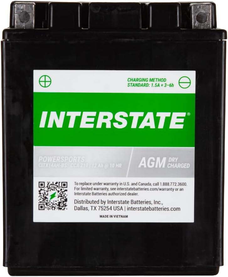 Interstate Batteries YTX14AH-BS 12V 12Ah Powersports Battery 210CCA High-Performance AGM Rechargeable Replacement for Kawasaki, Polaris, Yamaha ATVs, UTVs, Snowmobiles, Motorcycles (CITX14AH-BS)