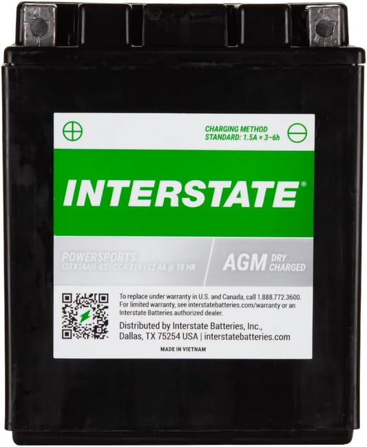 Interstate Batteries YTX14AH-BS 12V 12Ah Powersports Battery 210CCA High-Performance AGM Rechargeable Replacement for Kawasaki, Polaris, Yamaha ATVs, UTVs, Snowmobiles, Motorcycles (CITX14AH-BS)