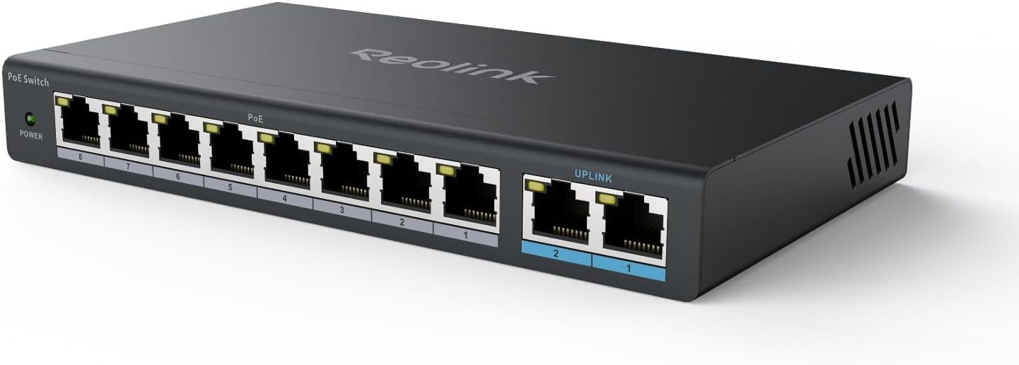 REOLINK PoE Switch with 8 PoE and 2 Gigabit Uplink Ports, Ideal for REOLINK RLN36 NVR and Power Over Ethernet IP Cameras, IEEE802.3af/at, Metal Casing, Desktop/Wall Mount, RLA-PS1