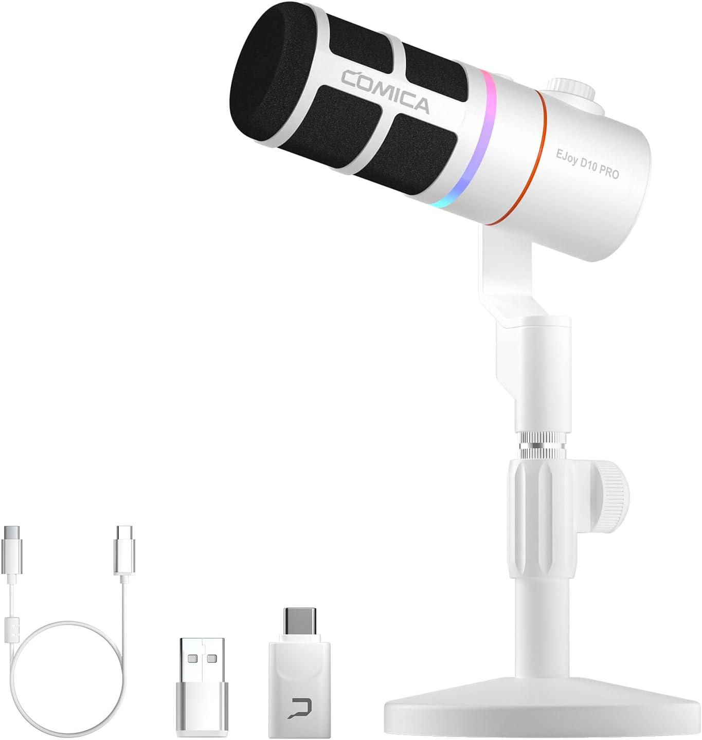 EJoy D10 PRO(D) Wireless USB Gaming Microphone – RGB Dynamic Mic with Wired/Wireless Modes, XLR/USB-C, Real-Time Monitoring, 45H Battery, Studio Mic for Gaming, Streaming, Podcast, Recording (White)