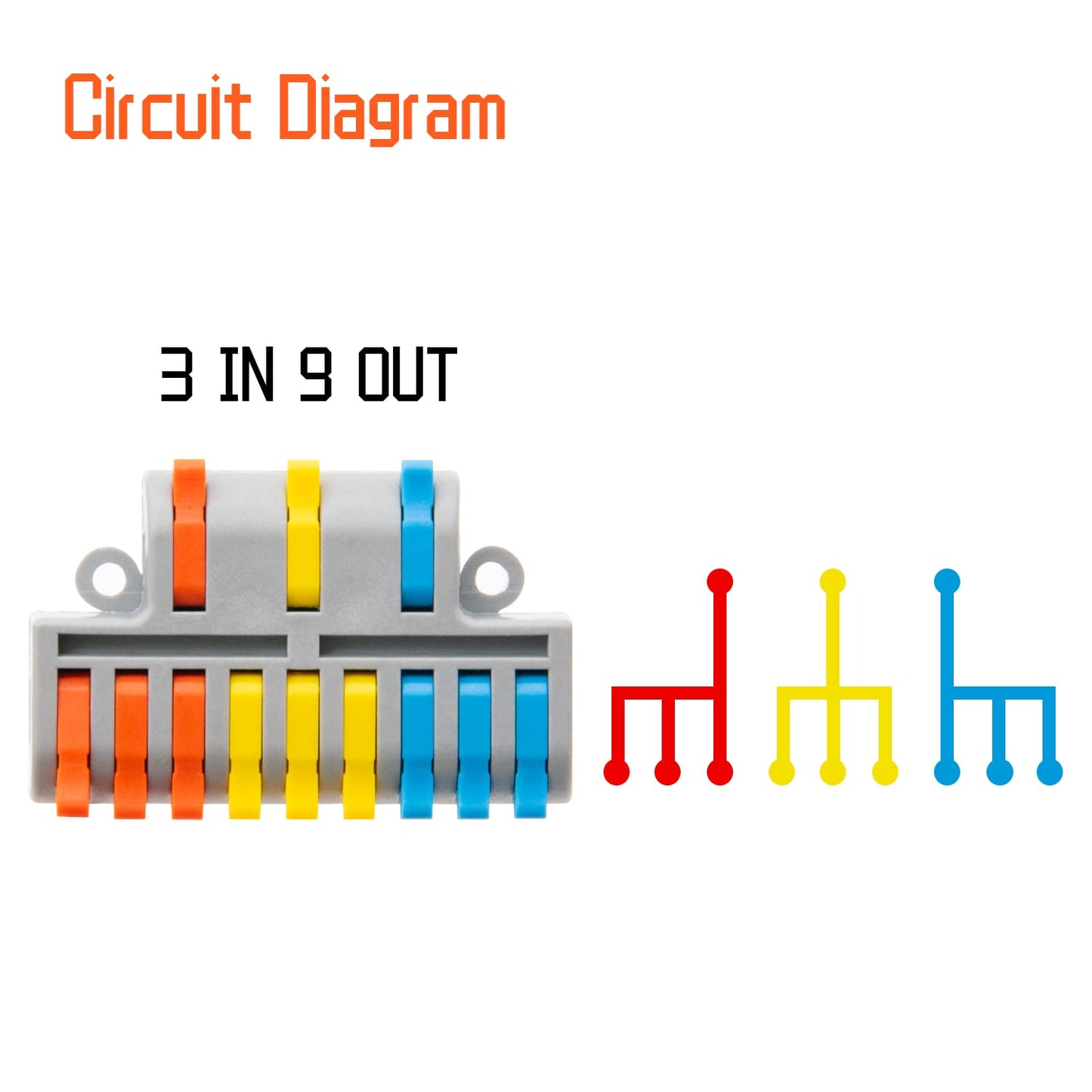 5Pcs Lever Wire Connectors, 3 in 9 Out Quick Wiring Cable Electrical Connector Compact Push-in Conductor Terminal Block for 24-12 AWG