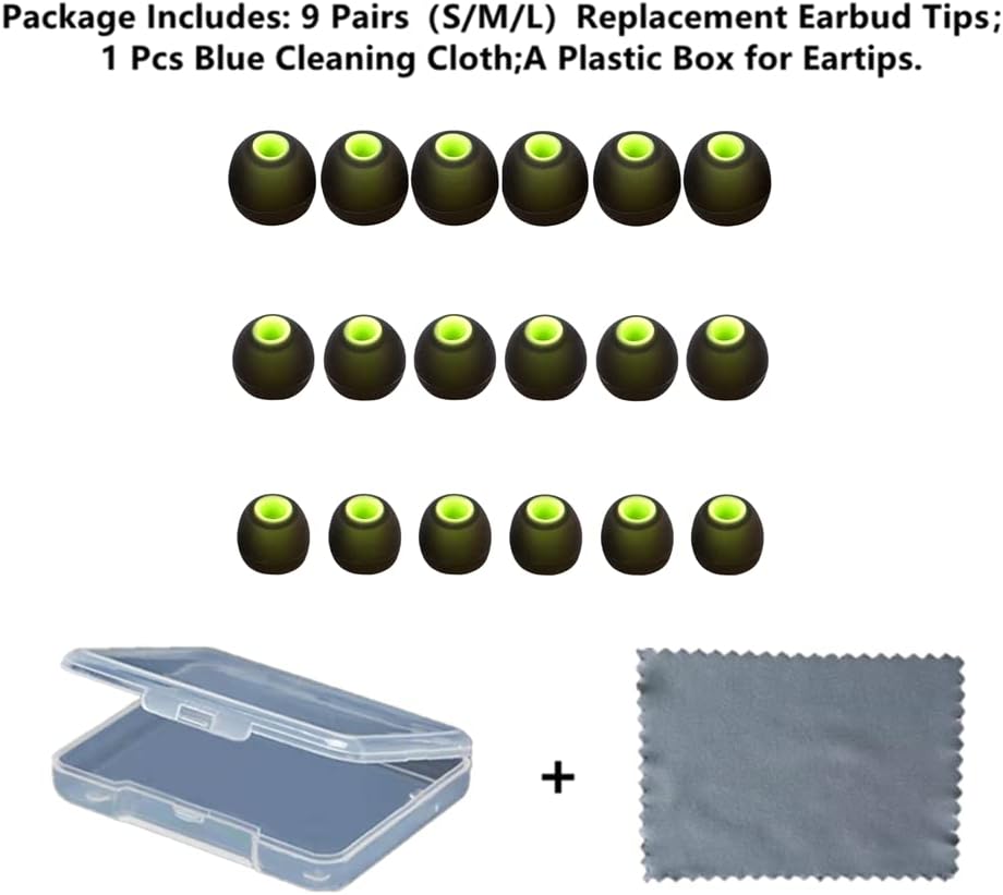 Earbuds Replacement Tips Silicone Earbud Tips Ear Gels Fit for Inner Hole from 3.8mm - 5.1mm Earphones 9 Pairs S/M/L Black-Green