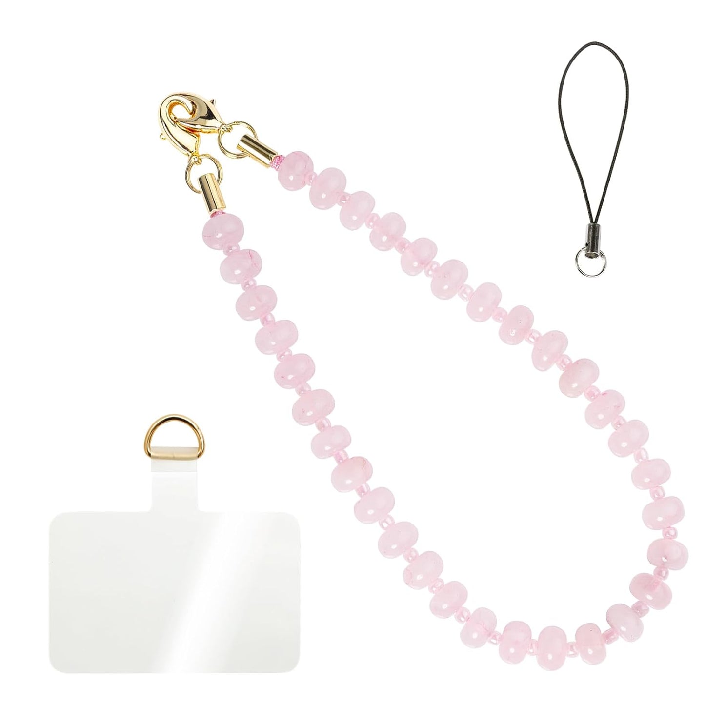 Handmade Natural Gemstone Gold Beaded Charm Cell Phone Camera Lanyard, Wrist Strap, Phone Chain String, Keychain Decor for Wallet, Stanley Cup Accessories (Rose Quartz)