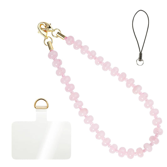 Handmade Natural Gemstone Gold Beaded Charm Cell Phone Camera Lanyard, Wrist Strap, Phone Chain String, Keychain Decor for Wallet, Stanley Cup Accessories (Rose Quartz)