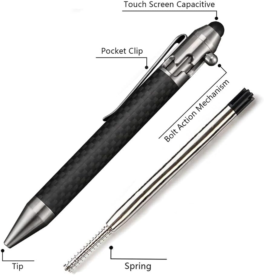 Cool Hand 4.9'' Carbon Fiber Bolt Action Pen with Retractable Stylus Tip for Any Touch Screen, Ballpoint Ink Refillable, Compact Size, Skelton Out Deep Pocket Clip (Carbon Fiber Silver)