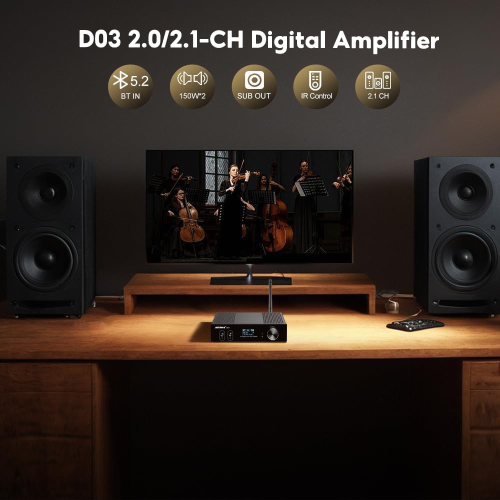 AIYIMA D03 Bluetooth 5.0 DAC Amplifier 150 Watt x 2 Stereo HiFi 2.1 CH Digital Sound Amplificador 24Bit/192kHz Class D Power Amp USB Coaxial Optical OLED AptX, Support Subwoofer & with Remote