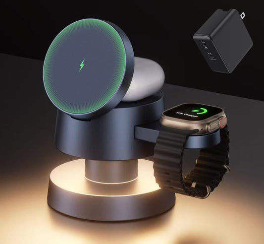 iVANKY 4 in 1 Wireless Charging Station with Night-Lamp for MagSafe Magnetic Charger Travel Stand, 3-in-1 Fast Charge for iPhone 17-11, for Apple iWatch, Airpods（Dual C-Port 100W Adapter Included