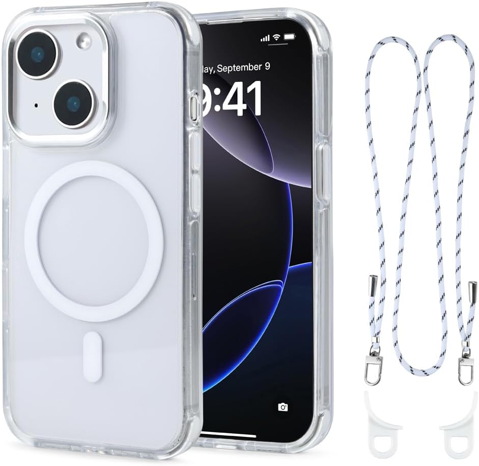 for iPhone 15 Case with 62.99 inch Lanyard, Classic Clear&White Magnetic Phone Case, Drop&Shockproof Protection Cases, Phone Lanyard for Around The Neck, Compatible with Magnet Accessory