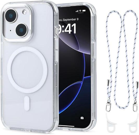 for iPhone 13/14 Case with 62.99 inch Lanyard, Classic Clear&White Magnetic Phone Case, Drop&Shockproof Protection Cases, Phone Lanyard for Around The Neck, Compatible with Magnet Accessory