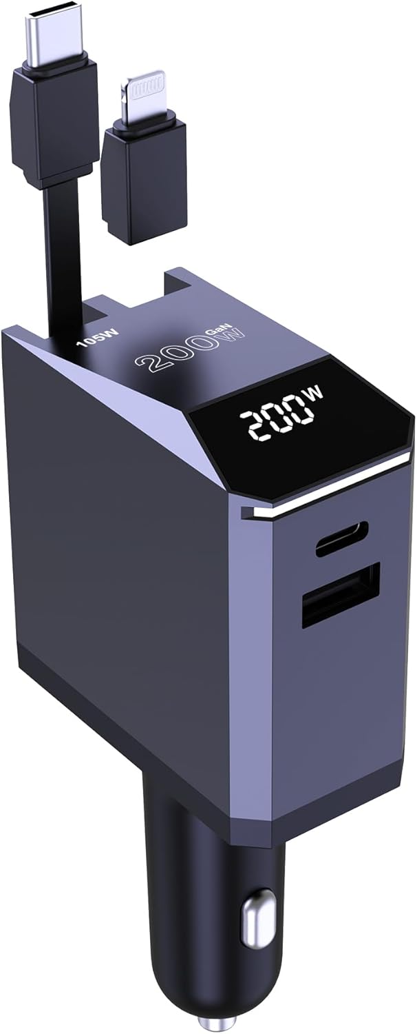 Aftertop 200W Retractable Car Charger, 3-in-1 Independent Fast Charging, 2.3ft 105W Retractable Cable, Power Display USB C Car Charger for MacBook Pro, iPhone 16 15, Galaxy S25 S24 Ultra etc