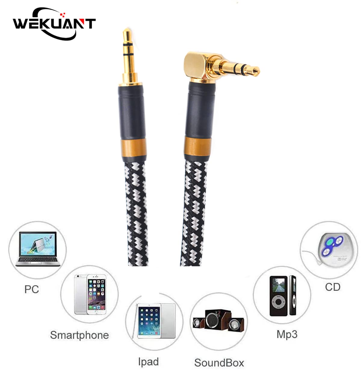 Aux Cord, Audiophile 3.5mm Stereo Audio Cable [2m (6.5Feet), Silvered-Plated Copper core, Right Angle] Unbreakable and Great for Phone, Laptop, Tablets,Headphones, Cars and More.