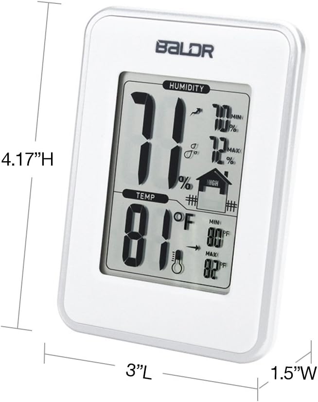 BALDR Digital Thermometer Hygrometer Monitor Indoor Temperature & Humidity Gauge, Min, Max, and Trend Indicator, White