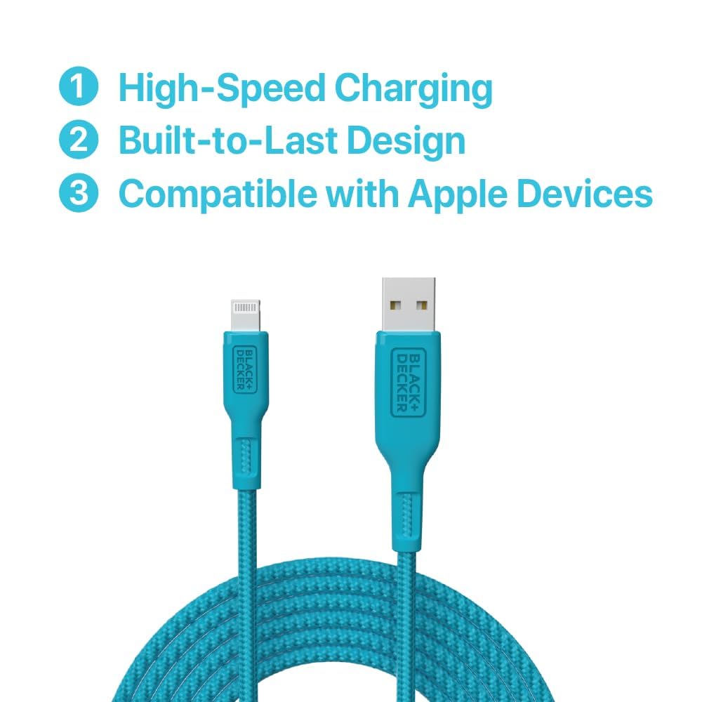 BLACK+DECKER Lightning to USB Cable - Fast Compatible iPhone Lightning Cable - Durable Braided iPhone Charger Cord - for Travel and Daily Use - Multiple Color + Length Options - 6ft