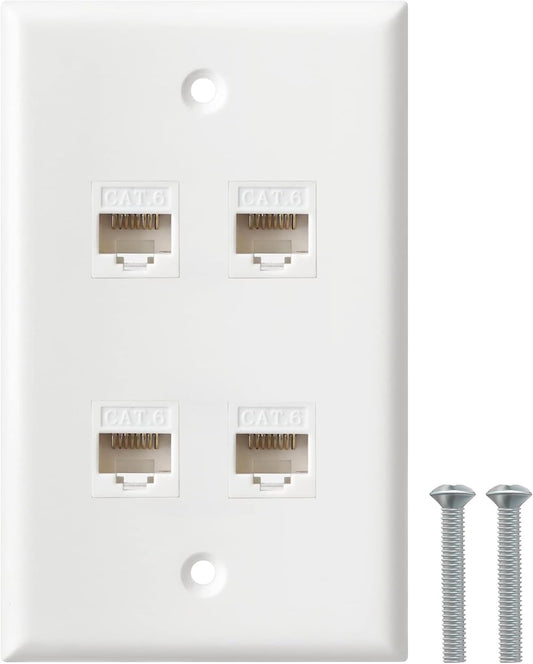 Ethernet Wall Plate, 4 Port Cat6 RJ45 Keystone Inline Coupler Wall Plate for Cat7/6/5/5e Ethernet Devices - White