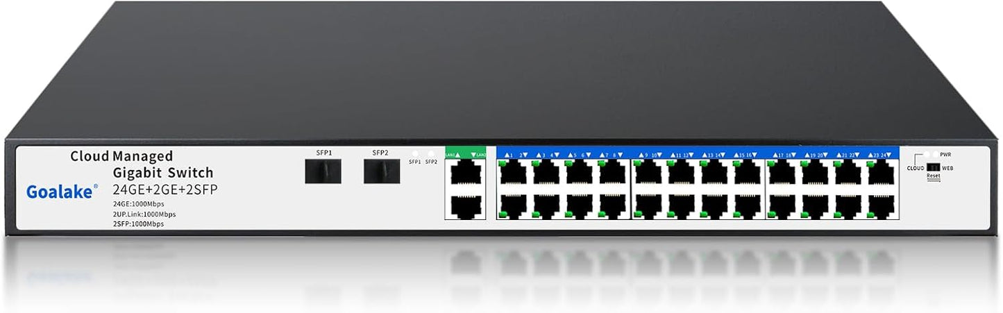 26 Port Gigabit Switch, Easy Smart Managed Ethernet Switch, Network Hub, Ethernet Splitter, Plug & Play, Industrial Grade Fan Metal Design, VLAN, Qos, Desktop or Wall Mount