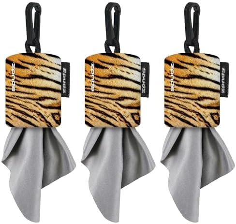 SPUDZ Classic Microfiber Lens Cleaner – Clip-On Pouch, Washable – for Binoculars, Scopes, Glasses, Screens | Tiger, 6 x 6 Inch (3-Pack)