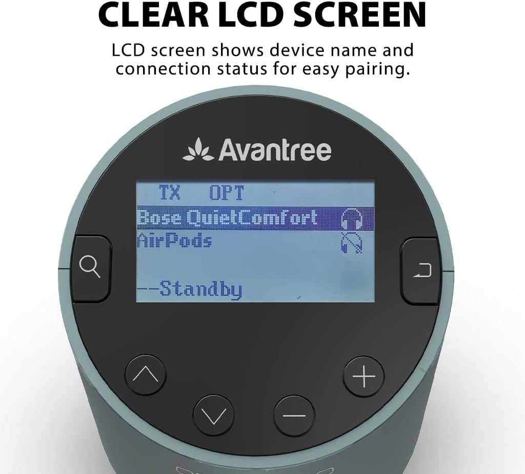 Avantree Orbit Pro - Bluetooth Transmitter for TV with LCD Screen & Remote Control, Compatible with Optical or AUX Audio Output & Smart TVs, Easy Volume Control for Airpods & Other Headphones