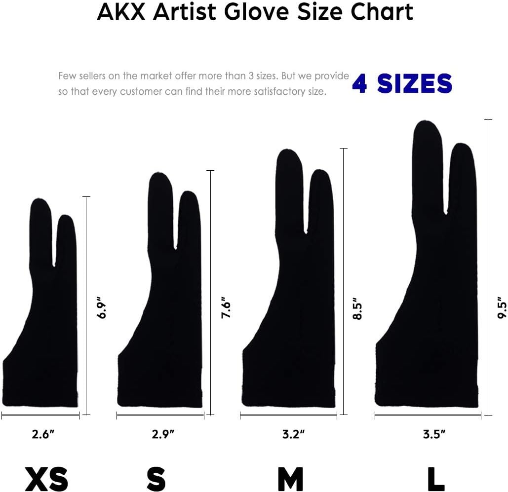 AKX Artist Glove, Palm Rejection Drawing Glove for Graphic Tablet, iPad - Smudge Guard, 2-Finger, Good for Left and Right Hand (Black, Xsmall, 2 Pack)