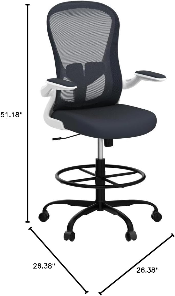 Drafting Chair, Tall Office Chair with Flip-up Armrests Executive Ergonomic Computer Standing Desk Chair, Office Drafting Chair with Lumbar Support and Adjustable Footrest Ring