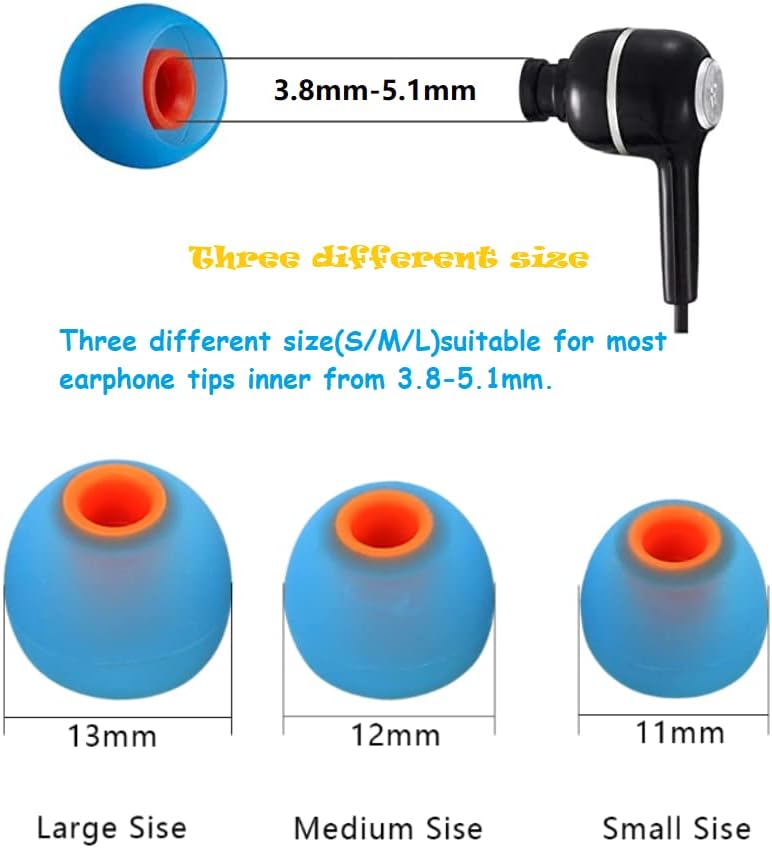 Earbuds Replacement Tips Silicone Earbud Tips Ear Bud Replacement Pieces Ear Gels Fit for Inner Hole from 3.8mm - 5.1mm Earphones 9 Pairs S/M/L Blue-Orange