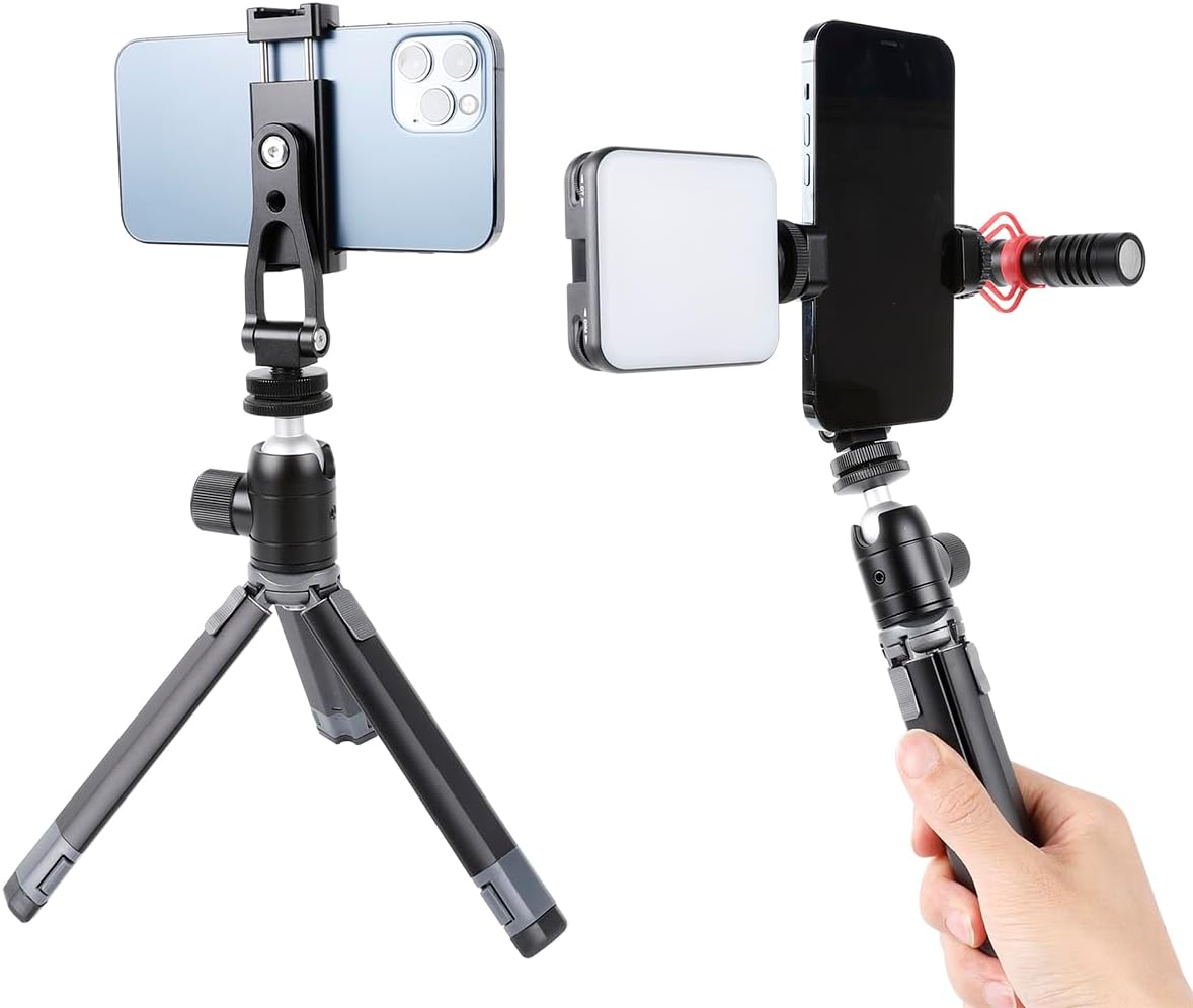 Aluminium Alloy Phone Tripod Mount, Universal Cell Phone Mount Adapter with 2 Cold Shoe Mount for Horizontal and Vertical Shooting, Compatible with iPhone, Pixel, Samsung Galaxy and All Phones