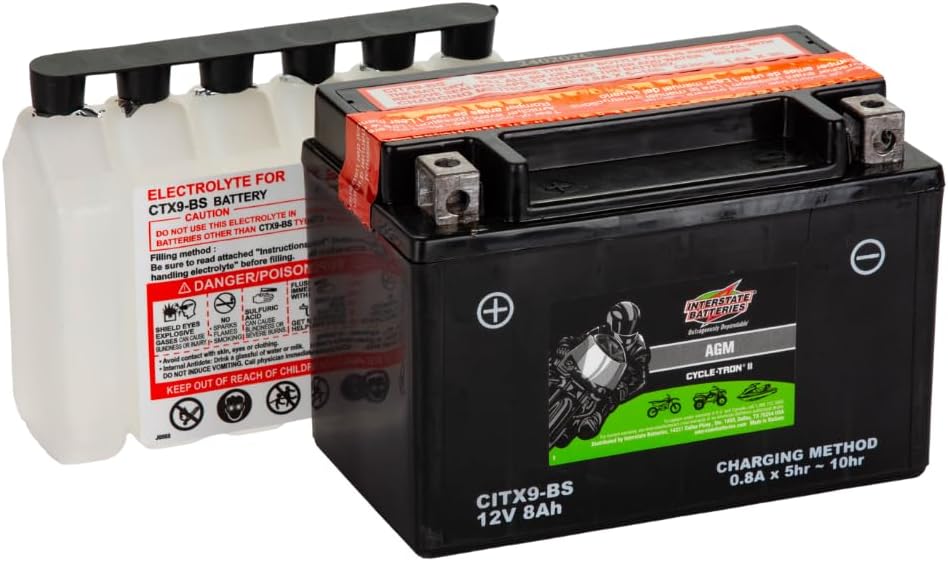 Interstate Batteries YTX9-BS 12V 8Ah Powersports Battery 130CCA AGM Rechargeable Replacement for BMW, Honda, Kawasaki Motorcycles, ATVs, Scooters (CITX9-BS)