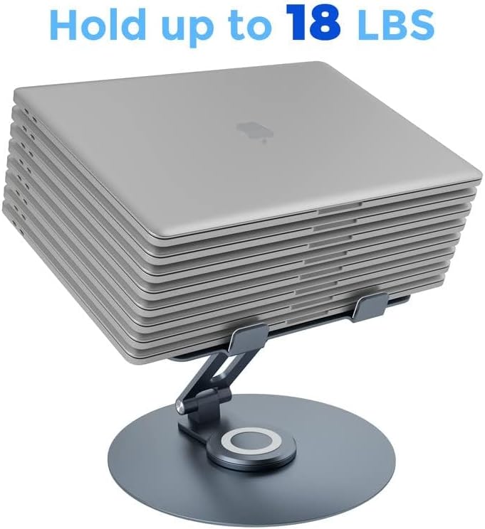 Swivel Laptop Stand for Desk, Adjustable Height Aluminum Computer Stand with 360 Rotating Base, Foldable Ergonomic Riser, Portable Laptop Holder Compatible with MacBook, All Laptops 10-17'', Grey