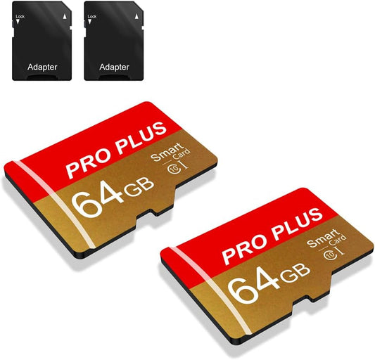 2 Pack TF Card 64GB with Adapter, High Speed Memory Card, UHS-I C10 A1 Memory TF Card for Tablet/Mobile Phone/Camera/Car Audio/Game Console (TF162 Red Gold 64GB)