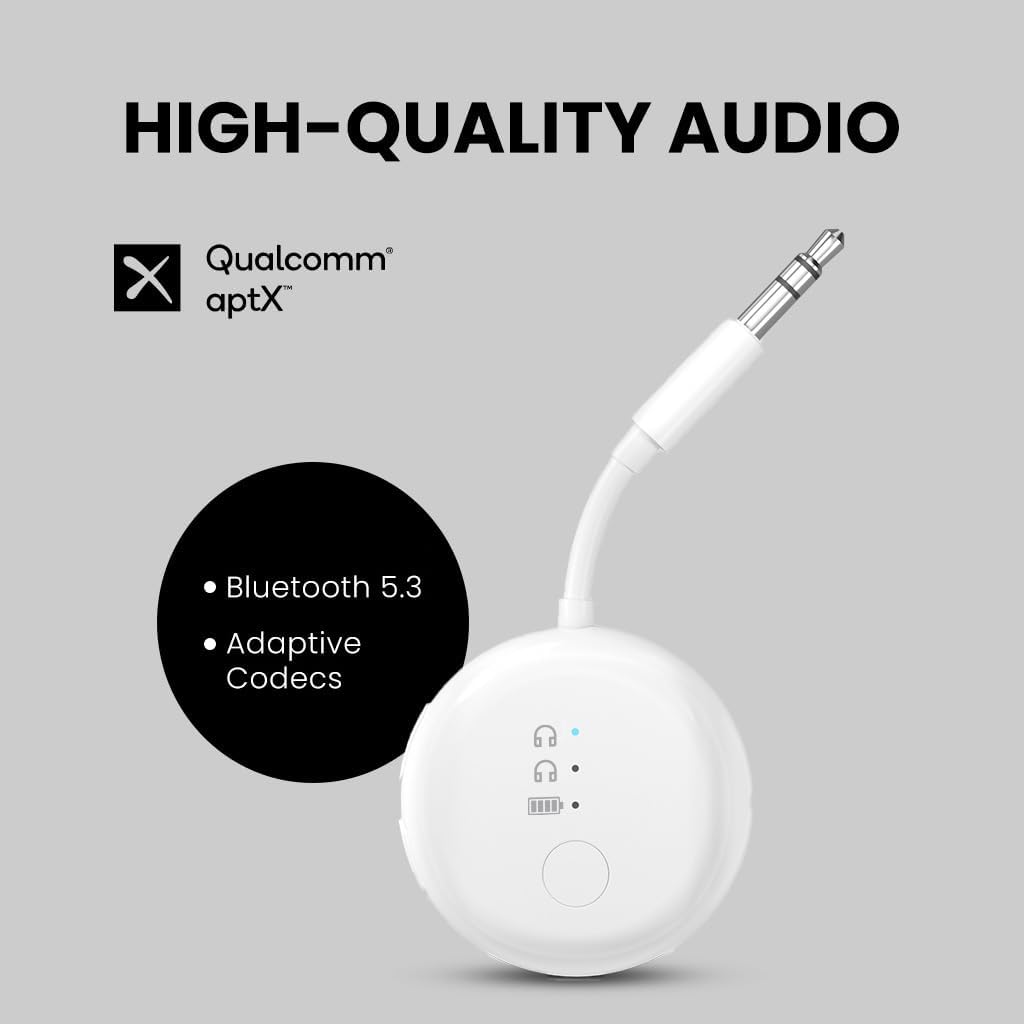 Avantree SoundJet R1 – Airplane Bluetooth Adapter for Headphones & AirPods, aptX Adaptive, Qualcomm Chipset, 20H Battery, Wireless Audio Transmitter for in-Flight Travel Essentials - White