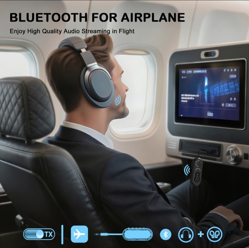 Bluetooth 5.4 Transmitter Receiver, 2 in One Airplane Audio Adapter with Low Latency, Dual Mode Connection for 2 Devices, Wireless Transmitter Adapter for Flight Travel/TV/Car/Gym/Home Stereo