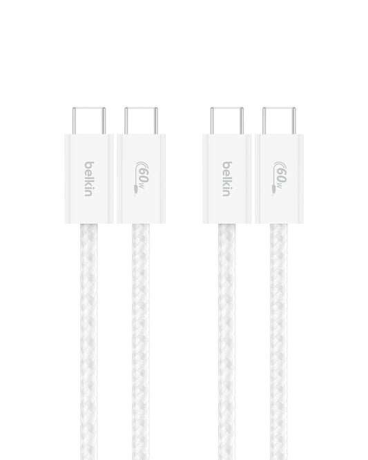 Belkin USB C to USB C Cable 2-Pack, 3.3ft, 60W - Type C Charger, iPhone Charger Cord, Soft, Braided, Flexible for iPhone 16, Galaxy S25, Pixel 9, Airpods, iPad Pro & More, Travel Essentials - White