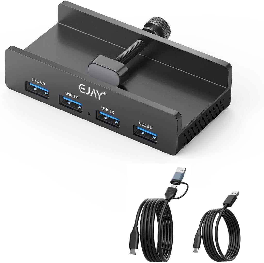 EJAY 4Ports USB3.0 Splitter Alu Clamp Desktop USB HUB for Desk/Monitors Clipping with Extra Power Supply Port and 2 Long Cables(59inches Data & 39inches Power Cables)
