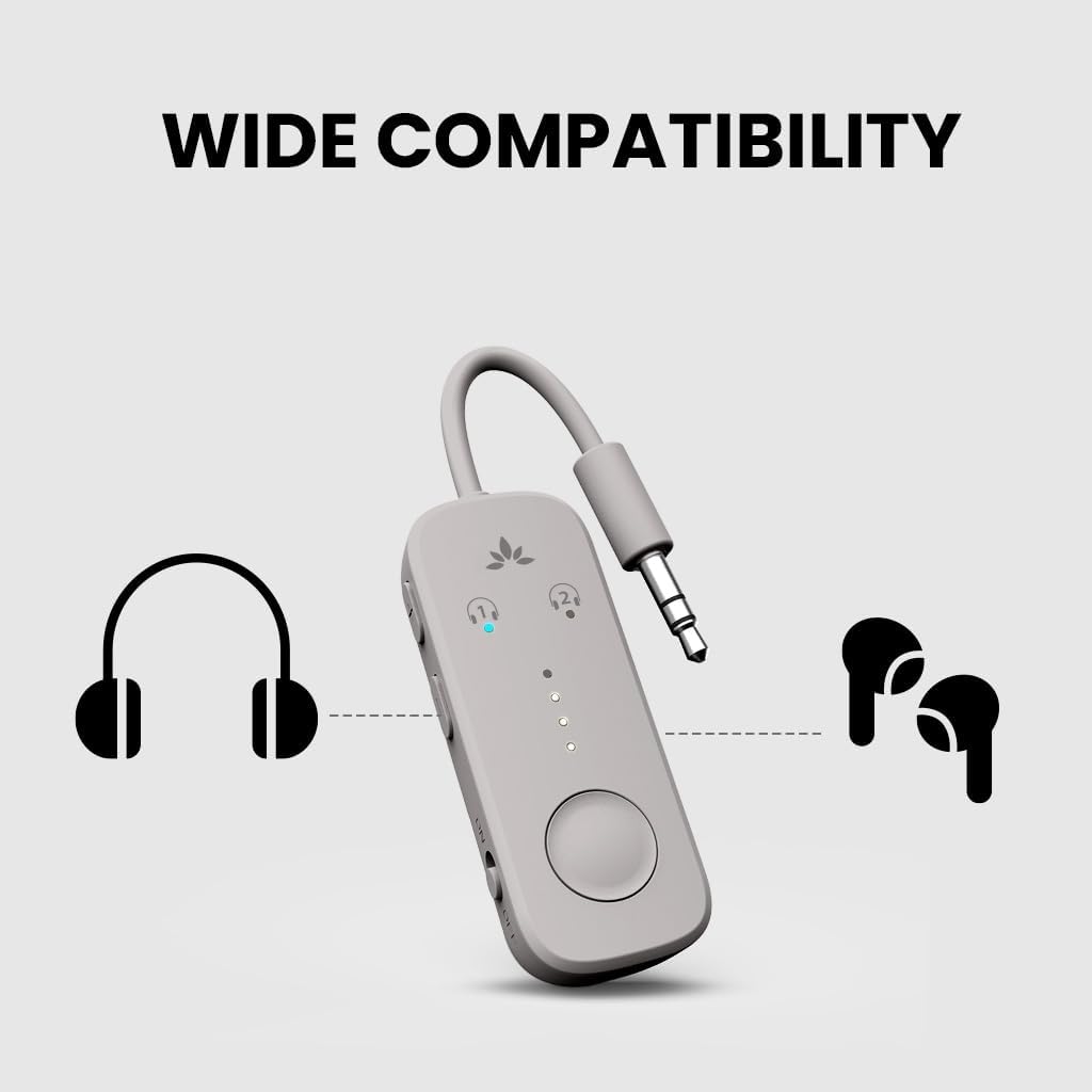 Avantree Relay - Airplane Bluetooth 5.3 Adapter with Qualcomm aptX Adaptive, Supports 2 AirPods or Headphones, 20Hr Playtime, 3.5mm AUX Wireless Audio Transmitter for Travel Flight, Airline, Gym