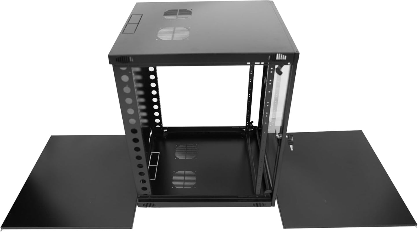 15U Server Cabinet Wall Mount Rack Enclosure with Caster Wheels 2 Server Fans Locking Glass Door Removable Side Panels 19" Network Cabinet 15-18.5" Installation Depth Heavy-Duty Frame (32INCH, 15U)