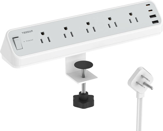 Desk Clamp Power Strip 10 Ft, TESSAN 2100J Surge Protector Desk Charging Station, 5 Outlets with 4 USB Ports (2 USB C), Flat Plug Extension Cord with Multiple Outlets for Gaming Home Office Dorm Room